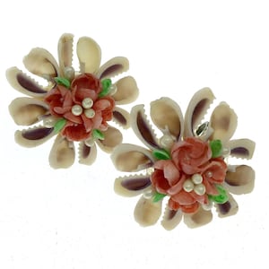 Rare Vintage Coral/Green/Cream Shell Earrings, 1940s Sea Shell And Faux Pearl Earrings, Unique Vintage Earrings, Natural Shell