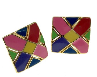 VINTAGE 1980s Gold Plated Multicolored Earrings, Enameled Wavy Diamond Clip Back Earrings, Retro MOD earrings