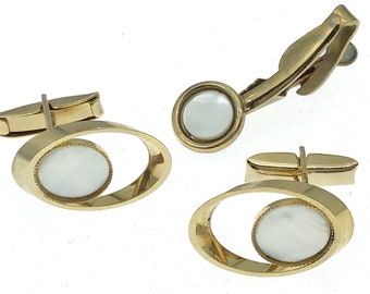 Vintage Mother of Pearl Cuff Links and Tie Bar Set - Gold Finish, Mid Century