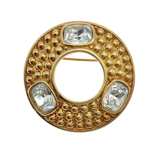 Vintage Swarovski Gold Finish Circle Brooch, Statement Gold Rhinestone Pin, Gift for Her, Gift for Collector, Silver Crystal Brooch, Elegant