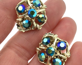 Vintage Peacock Rhinestone Clip Earrings, Gold Aurora Borealis Earrings, VIntage 1960s Earrings, Teal Crystal Earrings, Gift for Her, Dressy