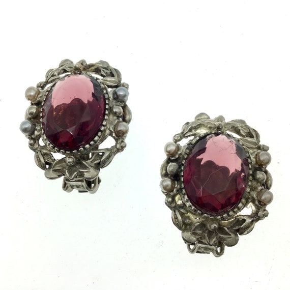 Vintage Czech Amethyst Crystal Clip Earrings, Pur… - image 2