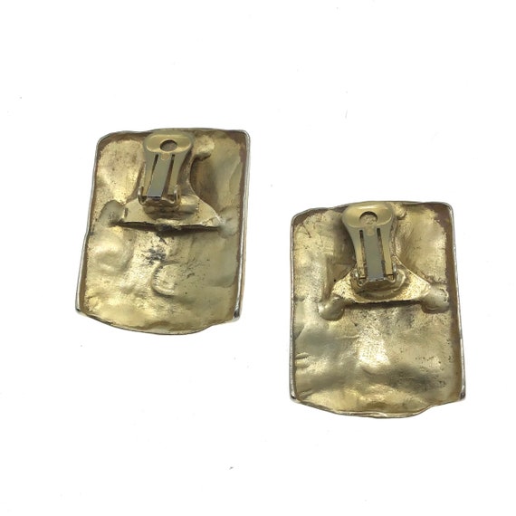 Vintage Textured Earrings, Gold Rectangle Clip Ea… - image 3