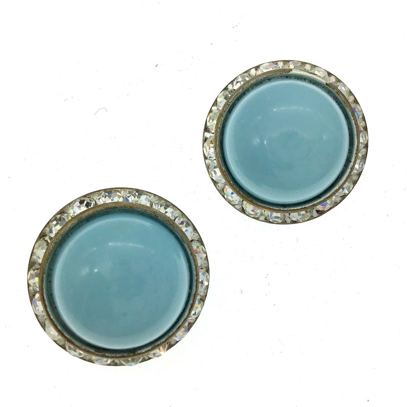 Blue Lucite Dome Earrings Lucite and Channel Set Rhinestone Earrings SilverGold Blue Button Earrings Vintage Coro Rhinestone Earrings