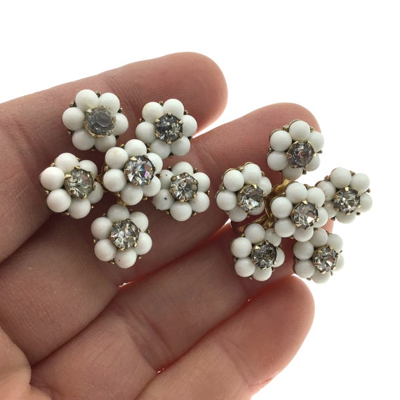 Vintage Milk Glass Rhinestone Flower Earrings, Sw… - image 1