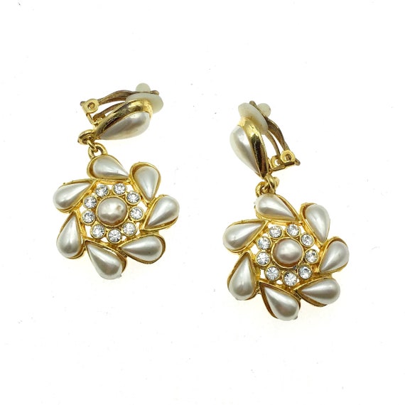 Vintage 1980s Bold Pearl Rhinestone Flower Clip Ea