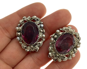 Vintage Czech Amethyst Crystal Clip Earrings, Purple Mid Century Earrings, Gift for Her, Gift for Collector Czech Crystal Earrings, Silver
