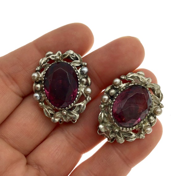 Vintage Czech Amethyst Crystal Clip Earrings, Pur… - image 1
