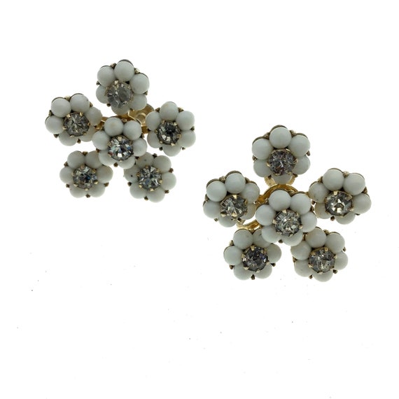Vintage Milk Glass Rhinestone Flower Earrings, Sw… - image 2