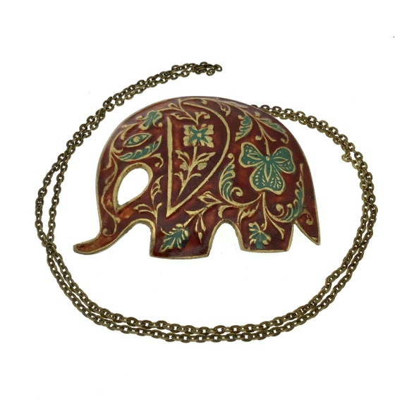 Vintage bronze enamel crystal elephant charm necklace