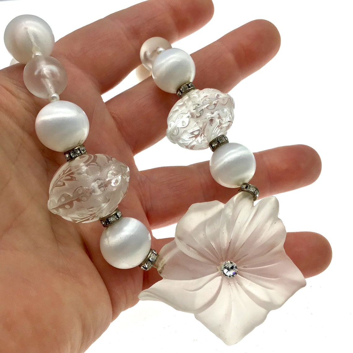 Vintage 1960s Frosted Lucite Statement Necklace, Chunky White Lucite