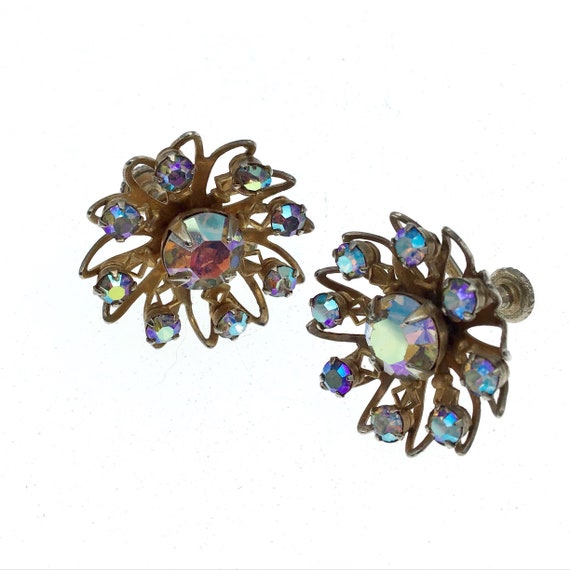 1950s Copper Gold & Aurora Borealis Crystal Earri… - image 1