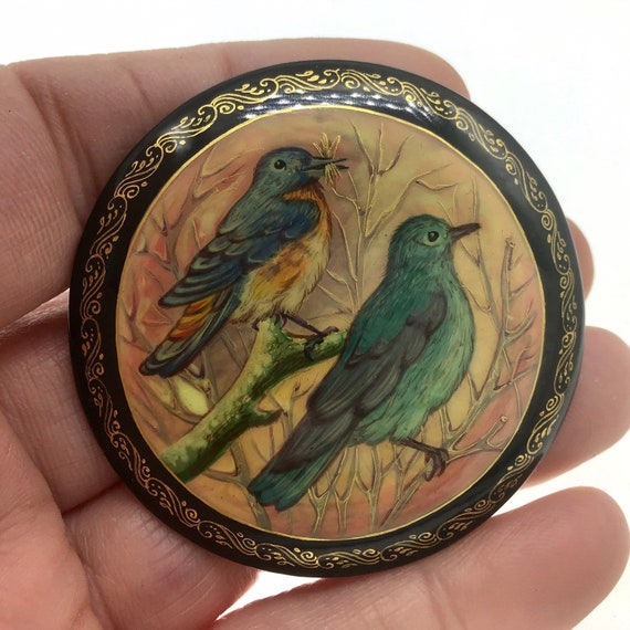 Vintage Russian Lacquer Brooch, Hand Painted Kholu