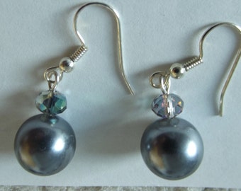 Pearl Earrings, Gray Earrings, Silver Pierced, Handmade Earrings, Drops, Crystal Jewelry, Elegant Bead Earrings