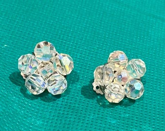 Vintage Earrings, AB Crystal Beads, Cluster, Clip Earrings, 1940-50s, Flowers, Stunning, Runway Earrings