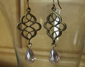 Beaded Pierced Earrings, Pale Pink Teardrop Crystals, Bronze Glass, Sparkle