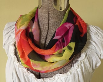 Infinity Scarf, Soft Fabric, Sheer Scarf, Black, Pink, Green, Bold Floral Print, Modern, Year Round Comfort, New Mom Gift