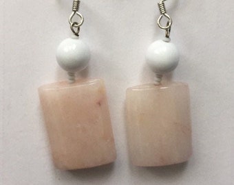 Rose Quartz Earrings, Handmade Earrings, Pierced, Pink White Earrings, Bead Rectangular, Geometric, Modern