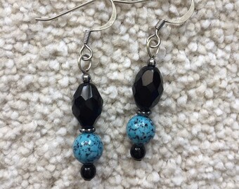 Bead Earrings, Turquoise Black Earrings, Handmade Earrings, Pierced Earrings, Artisan Jewelry, Glass, Silver Metal, Drop Earrings