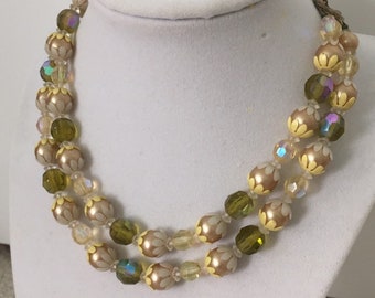 Vintage Choker, Bead Choker, Flower Choker, Bohemian Choker, Two Strand Necklace, Pearl, Faceted Glass, Boho Jewelry