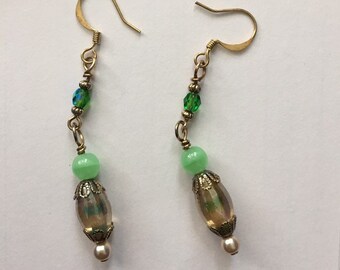 Bead Earrings, Green Earrings, Handmade Earrings, Artisan Jewelry, Glass, Gold Metal, Art Glass, Pierced Earrings