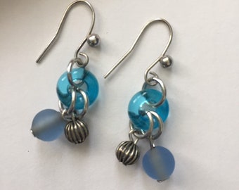 Bead Earrings, Pierced Earrings, Blue Earrings, Handmade Earrings, Artisan Jewelry, Lucite, Glass, Silver Metal, Summer Earrings