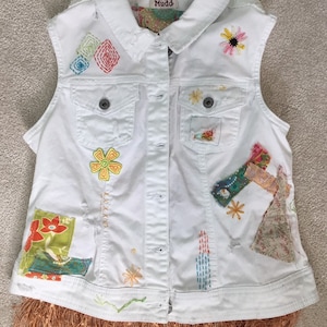 White Vest, Denim Vest, Embellished Vest, Eco Friendly, Upcycled Clothing, Altered Couture, Jeans Vest, Embroidered Vest