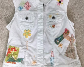 White Vest, Denim Vest, Embellished Vest, Eco Friendly, Upcycled Clothing, Altered Couture, Jeans Vest, Embroidered Vest