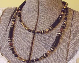 Vintage Necklace, Signed Sandra David, Sandra David Necklace, Black Glass Bead Necklace, Mid Century, Modernist, Copper Gold,  44"
