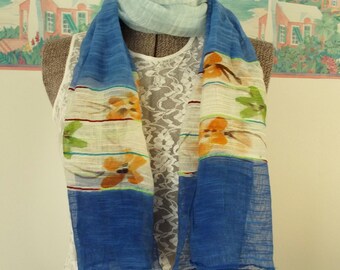 Vintage Scarf, Blue White Scarf, Floral Scarf, Spring Scarf, Woven Scarf, Romantic, Lightweight Wrap, Accessory, Ombre