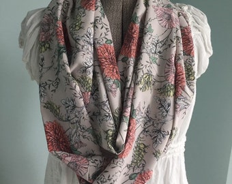 Infinity Scarf, Spring Scarf, Lightweight Fabric, Muted Colors, Blush, Coral, Pink, Yellow, Green Beautiful Drape, Floral Scarf