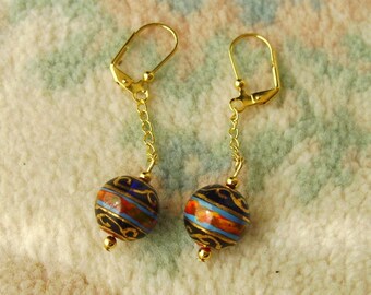 Bead Earrings, Handmade Earrings, Cobalt Blue, Red, Gold, Dangle Earrings, Glass Bead, Handpainted, Blown Glass, Chain, Artisan