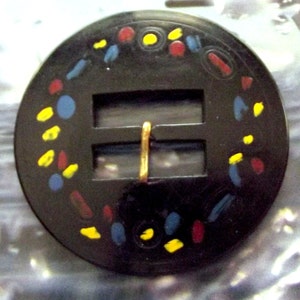 Celluloid Buckle, Vintage Buckle, Round Buckle, Circle, Mod, Black Buckle, Yellow, Blue Red, Paint, Mid Century, Craft Supplies image 3