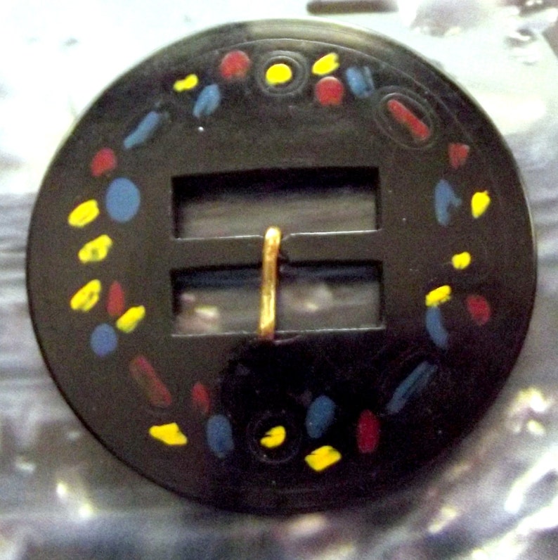 Celluloid Buckle, Vintage Buckle, Round Buckle, Circle, Mod, Black Buckle, Yellow, Blue Red, Paint, Mid Century, Craft Supplies image 3