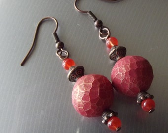 Bead Earrings, Modern Earrings, Space Age Earrings, Orange Earrings, Polymer Clay, Glass Bead, Pierced Earrings, Pumpkin, Coral