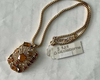 Vintage Necklace, Liz Claiborne, Pendant, Choker Necklace, 1990s, Modern, Gold tone, Autumn Colors, Box Chain, Fall Jewelry, Lucite, Crystal