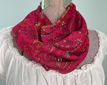Infinity Scarf, Handmade Scarf, Red Fuchsia, Paisley, Floral, Soft Sheer Fabric, Modern, Accessory, Bohemian, Boho, Colorful Scarf