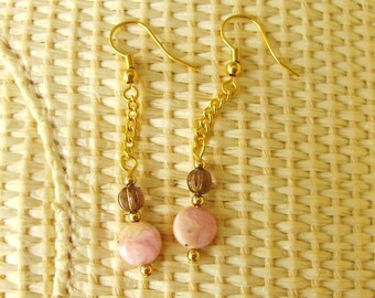 Pink Bead Earrings, Natural Stone Earrings, Brazilian Rhodocrosite, Small Earrings, Handmade Earrings, Artisan Jewelry, Drop, Gold Chain