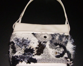 Freeform Crochet Purse, Small Handbag, Black White, Embellished, Mod Purse, Go With Everything, Original Design