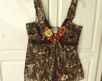 Embellished Camisole Top, Tribal Brown, Boho, Altered Couture, Handmade Flowers, Silky Animal Print, Cowgirl Chic, Summer Top