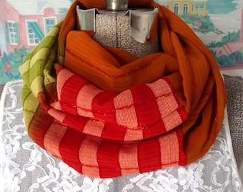 Infinity Scarf, Sheer Scarf, Lightweight Fabric, Autumn Colors, Orange, Lime Green, Red, Beautiful Drape, Bold Scarf