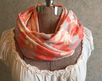 Handmade Infinity Scarf, Soft Scarf, Minky Fabric, Coral, Gray, Pink, Cream, Bold Print, Modern, Leaf Print, Breastfeeding Cover