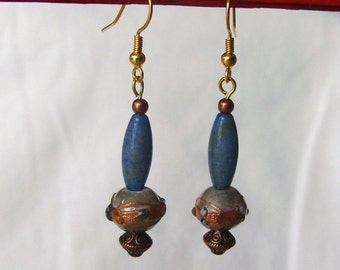 Bead Earrings, Pierced Earrings, Handmade Earrings, Artisan Jewelry, Exotic, Lampwork Glass, Copper, Blue