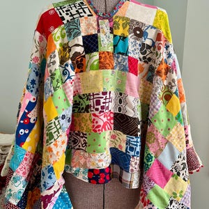 Patchwork Poncho, Upcycled Fabric Wrap, Handmade, Reversible, Embellished, Colorful,  Boho, Year Round Comfort, Ecofriendly