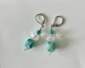 Bead Earrings, Aqua Earrings, Pierced, Silver, Composite, Glass, Turquoise Earrings, Caribbean, Handmade