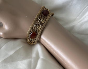 Vintage Bracelet, Celebrity NY, Signed, Gold Tone, Mesh, Brown Cabochons, Mid Century, Three Strand, 1960s, 1970s
