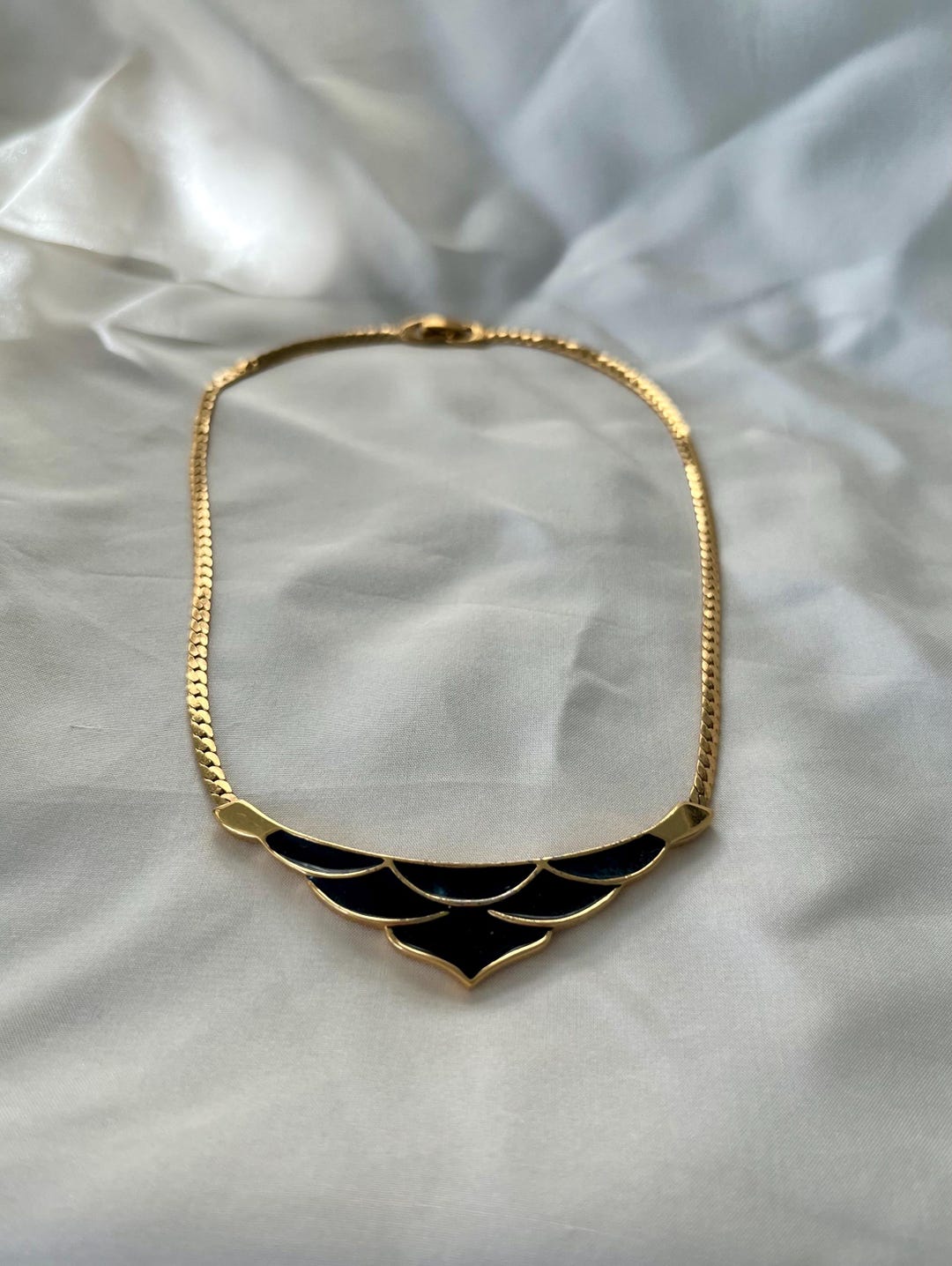 【鑑定済】モネ ネックレス K18GF ヴィンテージ ブラックストーンMonet Vintage Monet Necklace, Black Gold, Enamel, Choker Length, 1980s