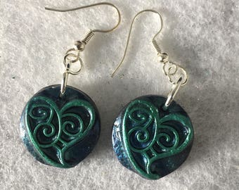 Heart Earrings, Valentine Earrings, Blue, Aqua Hearts, Handmade Bead Earrings, Mod Earrings, Polymer Clay, Lightweight, Pierced
