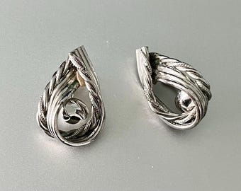 Vintage Earrings, Coro Earrings, Signed Coro, Silver tone, Teardrop, Clip Earrings, 1950-60s, Mid Century, Textured
