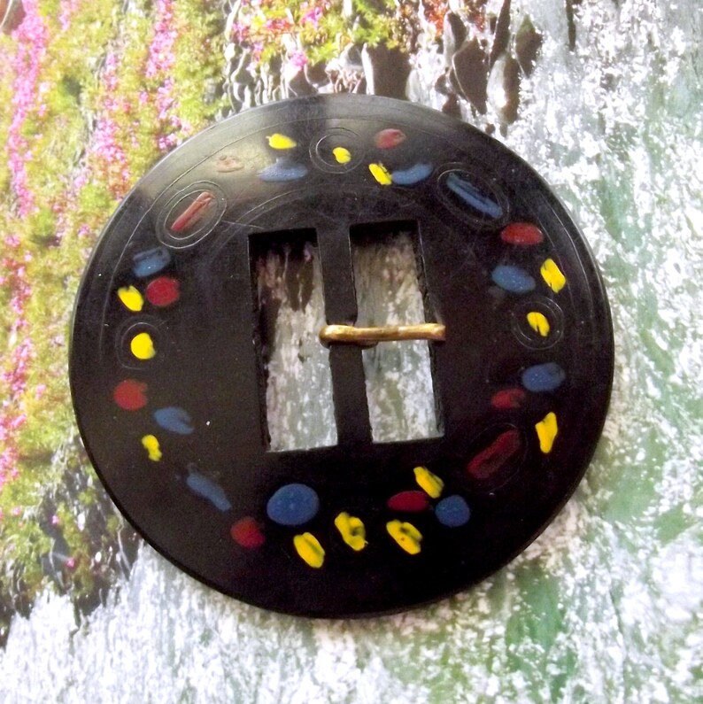 Celluloid Buckle, Vintage Buckle, Round Buckle, Circle, Mod, Black Buckle, Yellow, Blue Red, Paint, Mid Century, Craft Supplies image 5